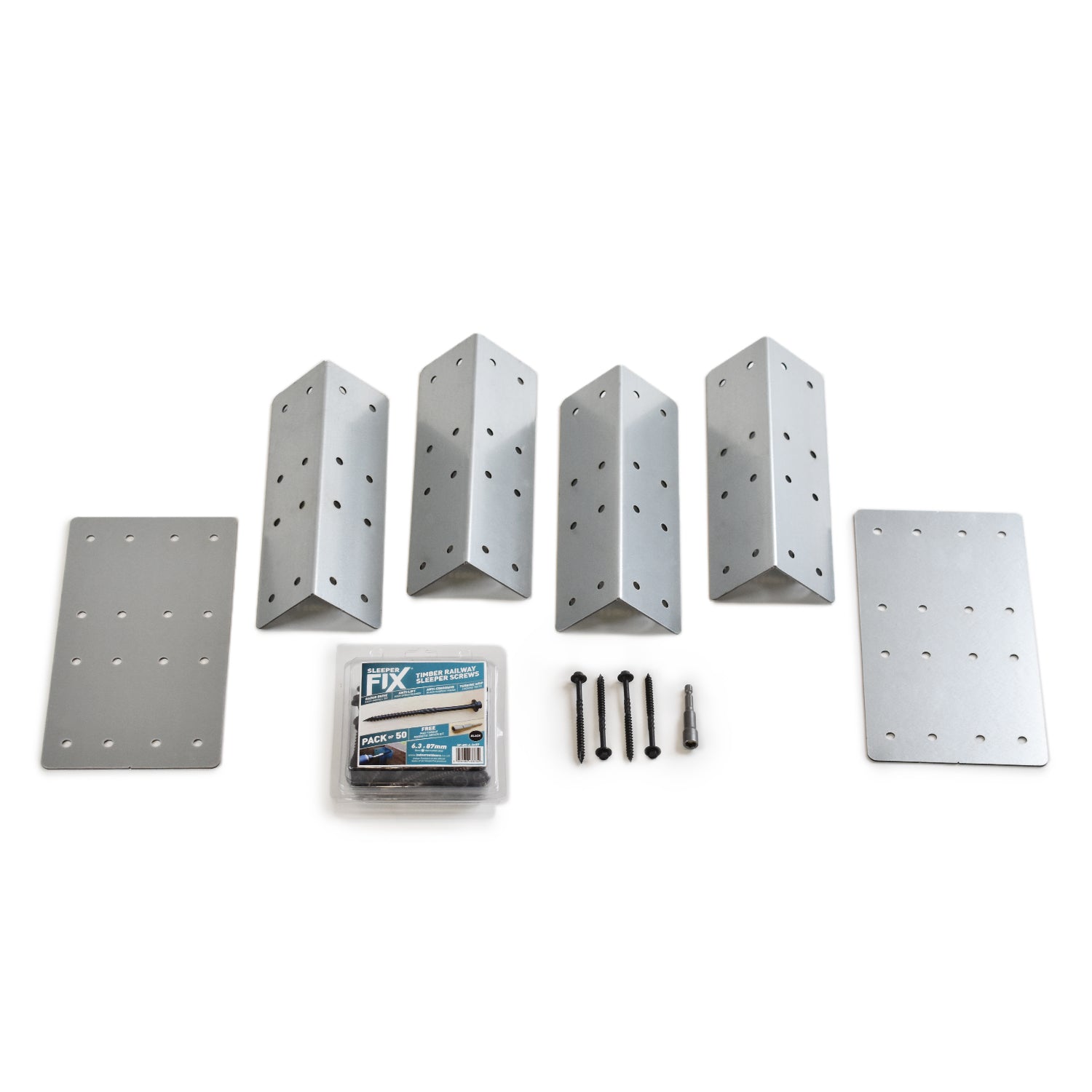 Bracket positioned next to other brackets and a set of SleeperFit Timber Screws.